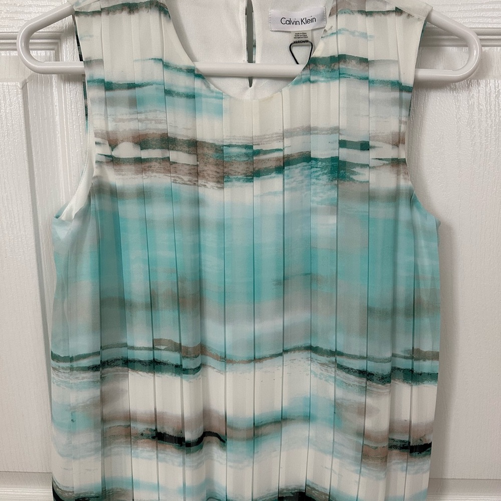 Calvin Klein Women's Striped Aqua and White Blouse - New With Tags